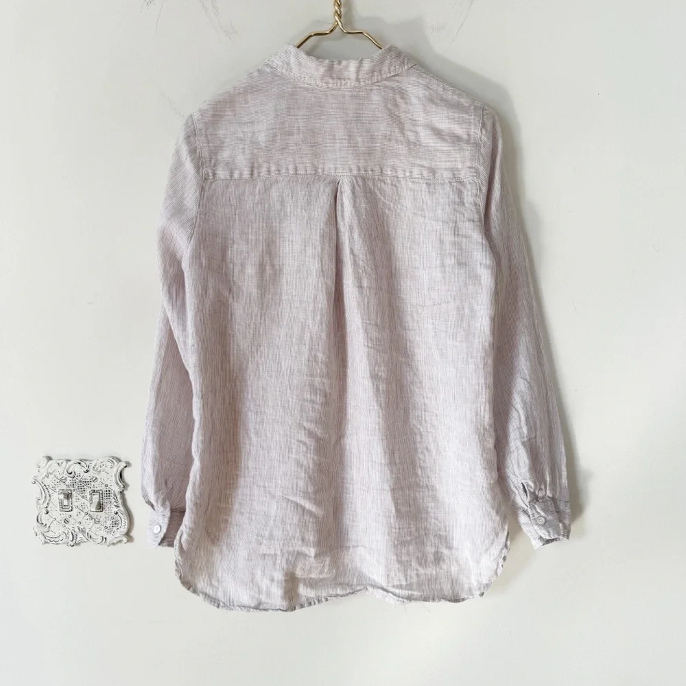 J. McLaughlin Tan and White Striped Britt Linen Button Down Shirt S - Picture 7 of 9